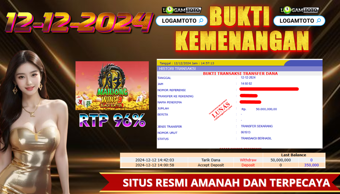 SELAMAT KEPADA MEMBER SETIA LOGAMTOTO BERHASIL JACKPOT DI PERMAINAN SLOT MAHJONG WINS 3